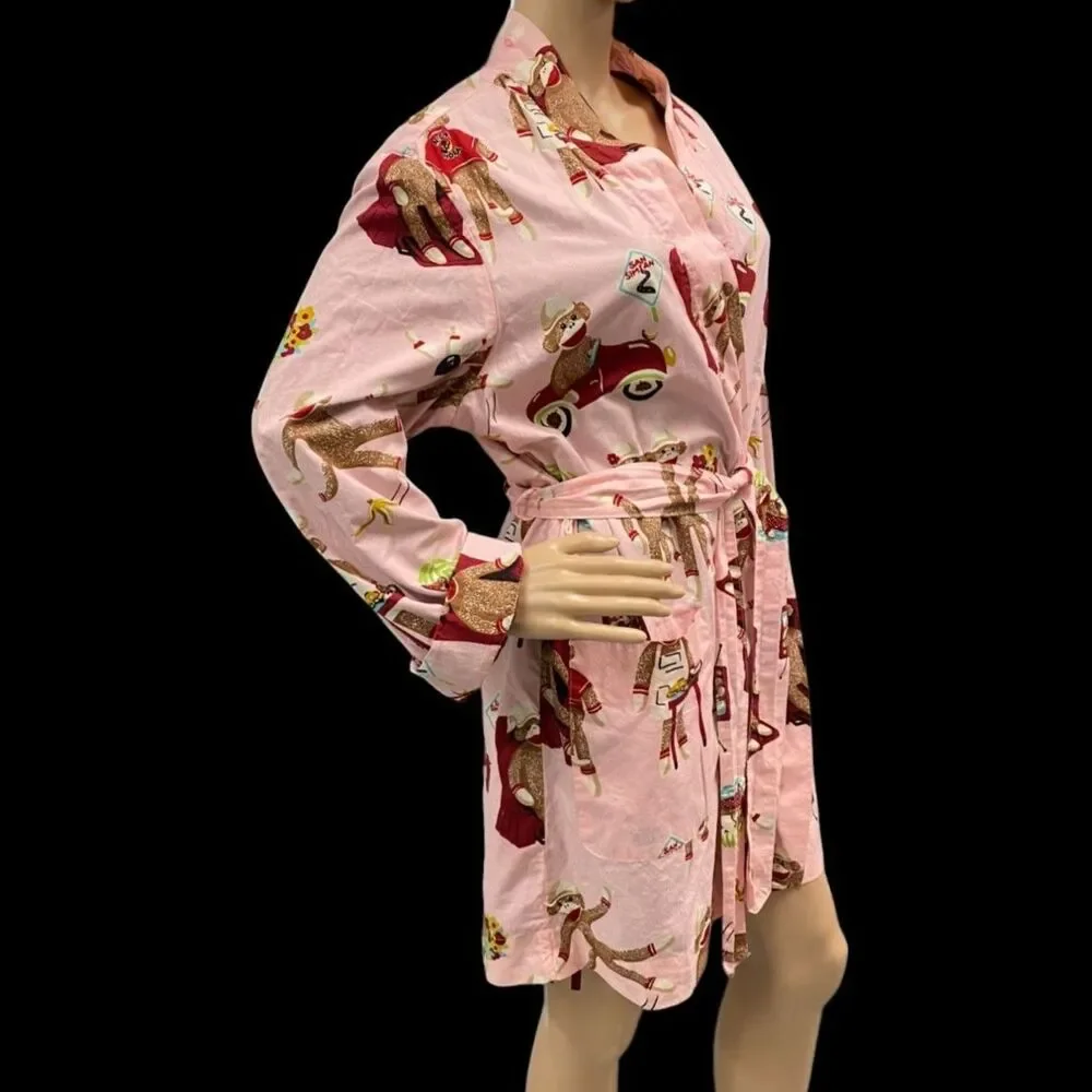 NICK & NORA L / XL Belted Lined Front Pockets Pink Sock Monkey Robe
